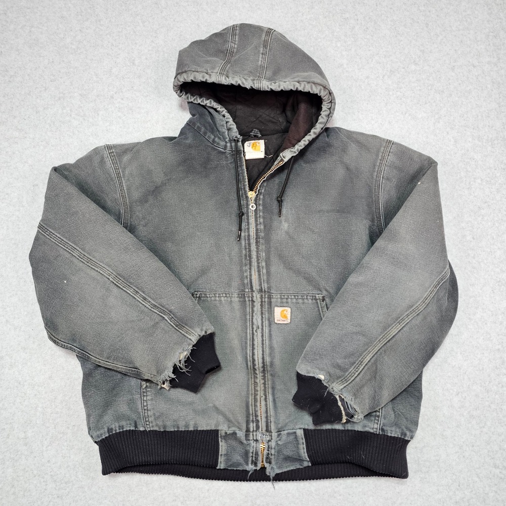 VTG Carhartt J140 Jacket Size XL Faded Black Canvas Quilt Fleece USA Distressed